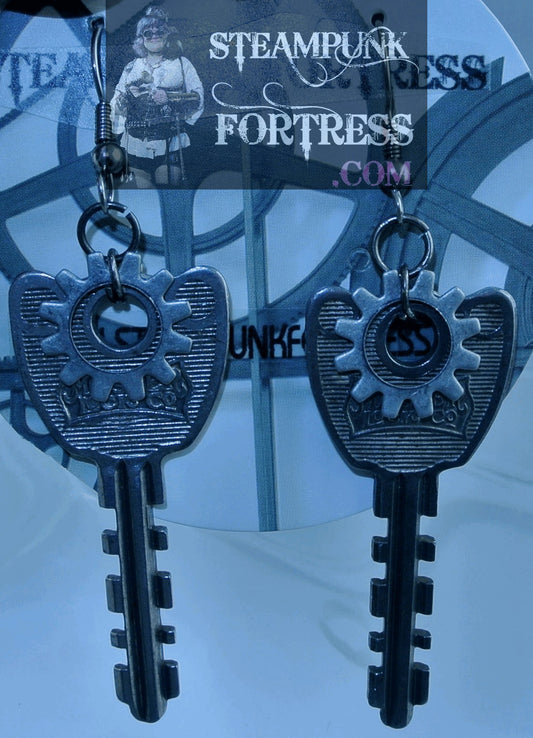 SILVER KEYS MASTER LOCK SMALL SILVER GEAR SILVER PIERCED EARRINGS REAL GENUINE AUTHENTIC STARR WILDE STEAMPUNK FORTRESS