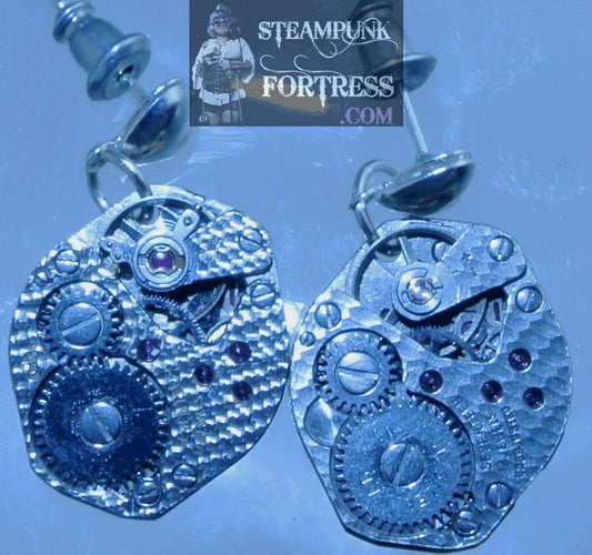 SILVER MOVEMENTS HAMMERED COMPLETE AUTHENTIC GENUINE WATCH CLOCK HEART STUDS PIERCED EARRINGS STARR WILDE STEAMPUNK FORTRESS