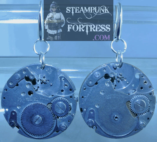 SILVER MOVEMENTS COMPLETE ROUND AUTHENTIC GENUINE WATCH CLOCK THICK HOOKS PIERCED EARRINGS STARR WILDE STEAMPUNK FORTRESS