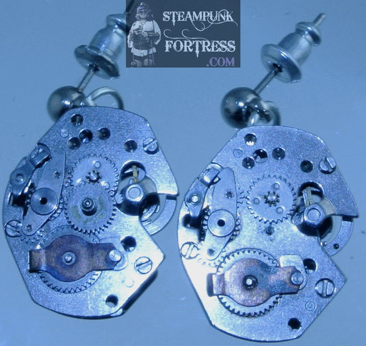 SILVER MOVEMENTS COMPLETE AUTHENTIC GENUINE WATCH CLOCK DROP STUDS PIERCED EARRINGS STARR WILDE STEAMPUNK FORTRESS