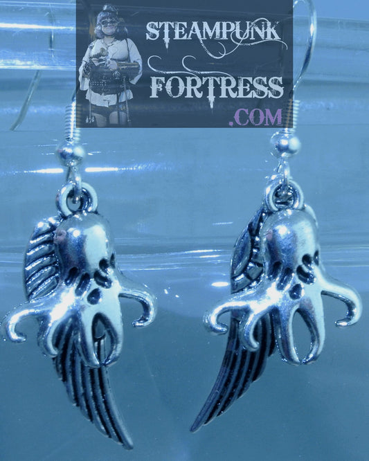 SILVER OCTOPUS 5 LEG WINGS PIERCED EARRINGS ARIEL UNDER THE SEA COSPLAY COSTUME HALLOWEEN STARR WILDE STEAMPUNK FORTRESS