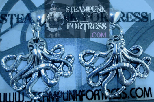 SILVER OCTOPUS MEDIUM HEART STUDS PIERCED EARRINGS ARIEL UNDER THE SEA COSPLAY COSTUME HALLOWEEN STARR WILDE STEAMPUNK FORTRESS