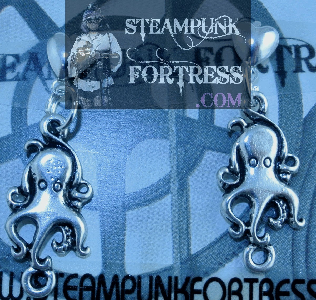 SILVER OCTOPUS SMALL LINK HEARTS STUDS PIERCED EARRINGS ARIEL UNDER THE SEA COSPLAY COSTUME HALLOWEEN STARR WILDE STEAMPUNK FORTRESS