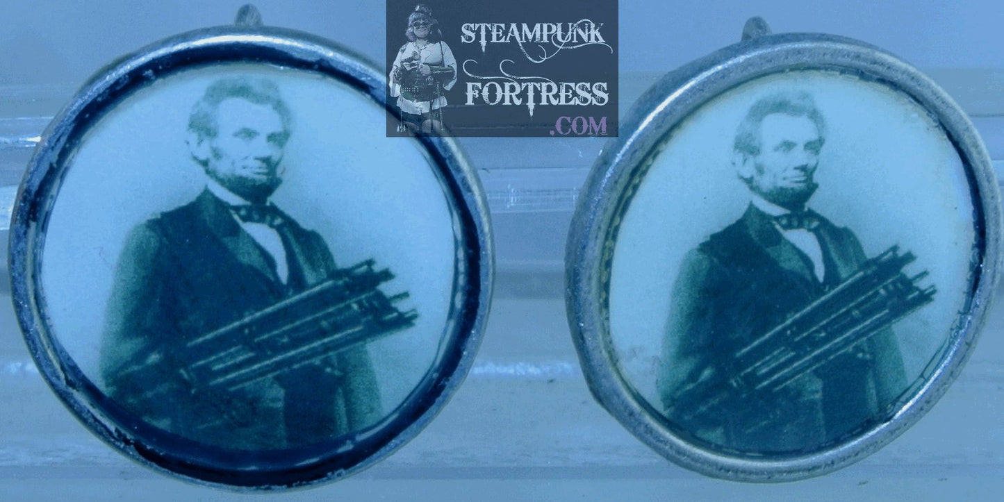 SILVER ROUND .75" ABRAHAM ABE LINCOLN GATLING GUN ARM STUDS PIERCED EARRINGS STARR WILDE STEAMPUNK FORTRESS