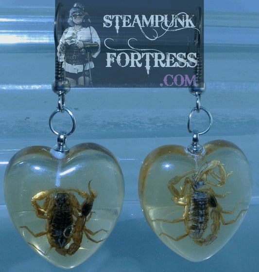 SILVER SCORPIONS REAL GENUINE ACTUAL INSECTS IN RESIN HEARTS PIERCED EARRINGS STARR WILDE STEAMPUNK FORTRESS