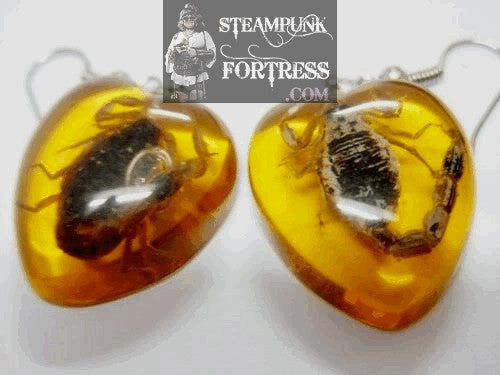SILVER SCORPIONS REAL GENUINE ACTUAL INSECTS IN RESIN HEARTS PIERCED EARRINGS STARR WILDE STEAMPUNK FORTRESS DUPLICATE