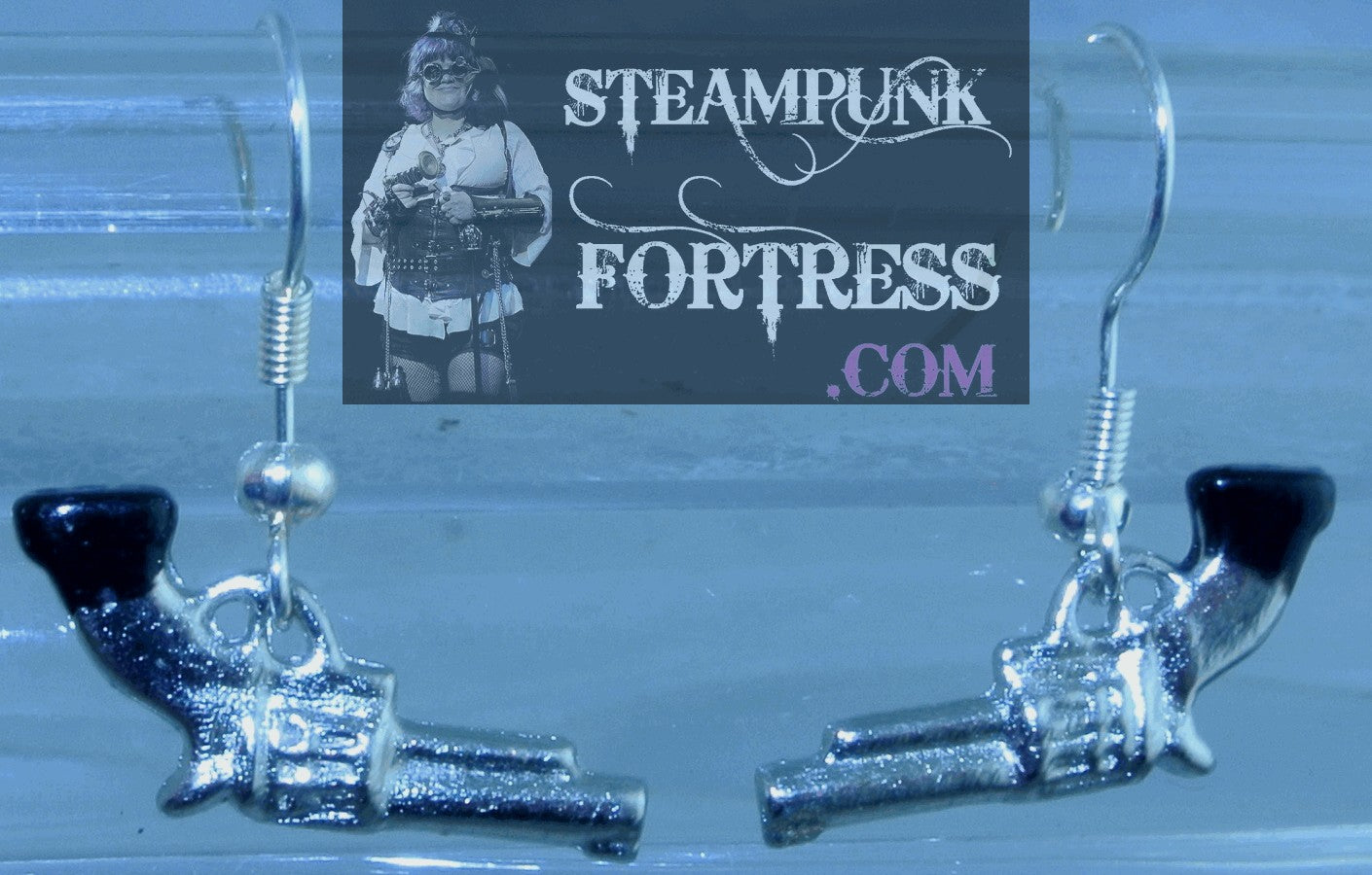 SILVER GUN BLACK HANDLE SMALL PIERCED EARRINGS STARR WILDE STEAMPUNK FORTRESS