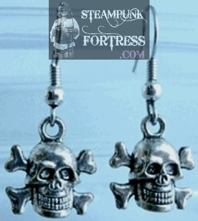 SILVER SKULLS CROSSBONES METAL HALLOWEEN PIRATE PIERCED EARRINGS STARR WILDE STEAMPUNK FORTRESS