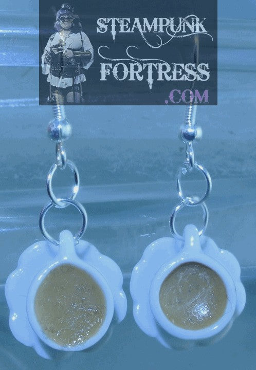 SILVER TEA CUPS COFFEE LATTE FULL SAUCERS PIERCED EARRINGS DUELLING DUELING RACES SET AVAILABLE STARR WILDE STEAMPUNK FORTRESS