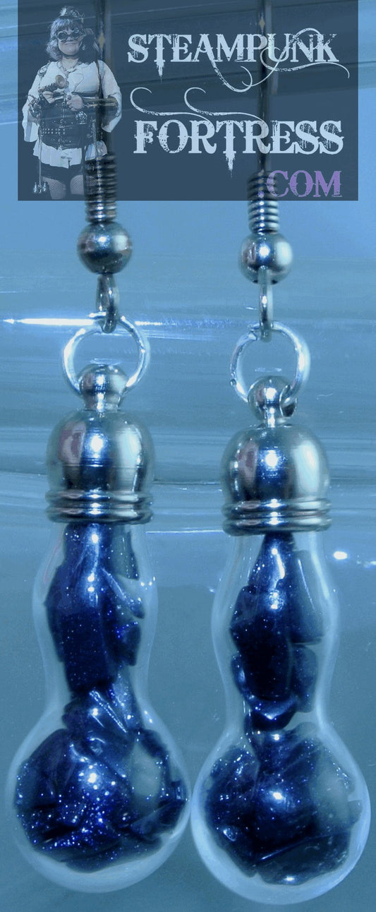 SILVER VIALS TEST TUBES DOUBLE BUMP BLUE GOLDSTONE GEMSTONES STONES CHIPS PIERCED EARRINGS STARR WILDE STEAMPUNK FORTRESS