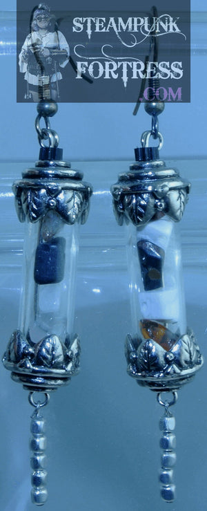 SILVER VIAL SCROLL GLASS MIXED GEMSTONES STONES CHIPS SILVER SEED BEADS PIERCED EARRINGS STARR WILDE STEAMPUNK FORTRESS