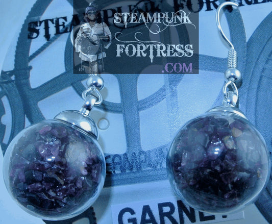 SILVER VIAL 16MM GLASS GLOBE GARNET GEMSTONES STONES CHIPS PIERCED EARRINGS STARR WILDE STEAMPUNK FORTRESS