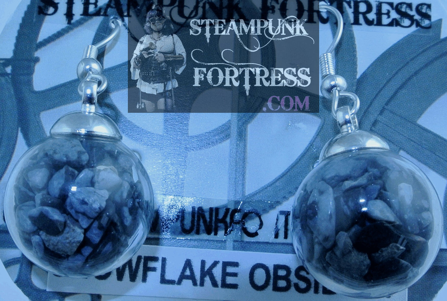 SILVER VIAL 16MM GLASS GLOBE OBSIDIAN SNOWFLAKE GEMSTONE STONE CHIPS PIERCED EARRINGS STARR WILDE STEAMPUNK FORTRESS