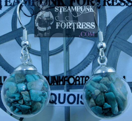 SILVER VIAL 16MM GLASS GLOBE TURQUOISE GEMSTONES STONES CHIPS PIERCED EARRINGS STARR WILDE STEAMPUNK FORTRESS