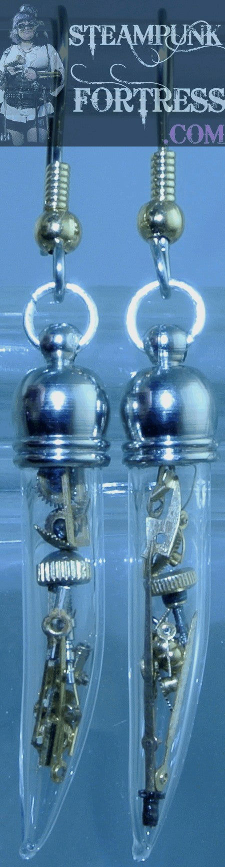 SILVER VIAL TEST TUBE POINTED GOLD GEARS AUTHENTIC GENUINE WATCH CLOCK PIERCED EARRINGS STARR WILDE STEAMPUNK FORTRESS