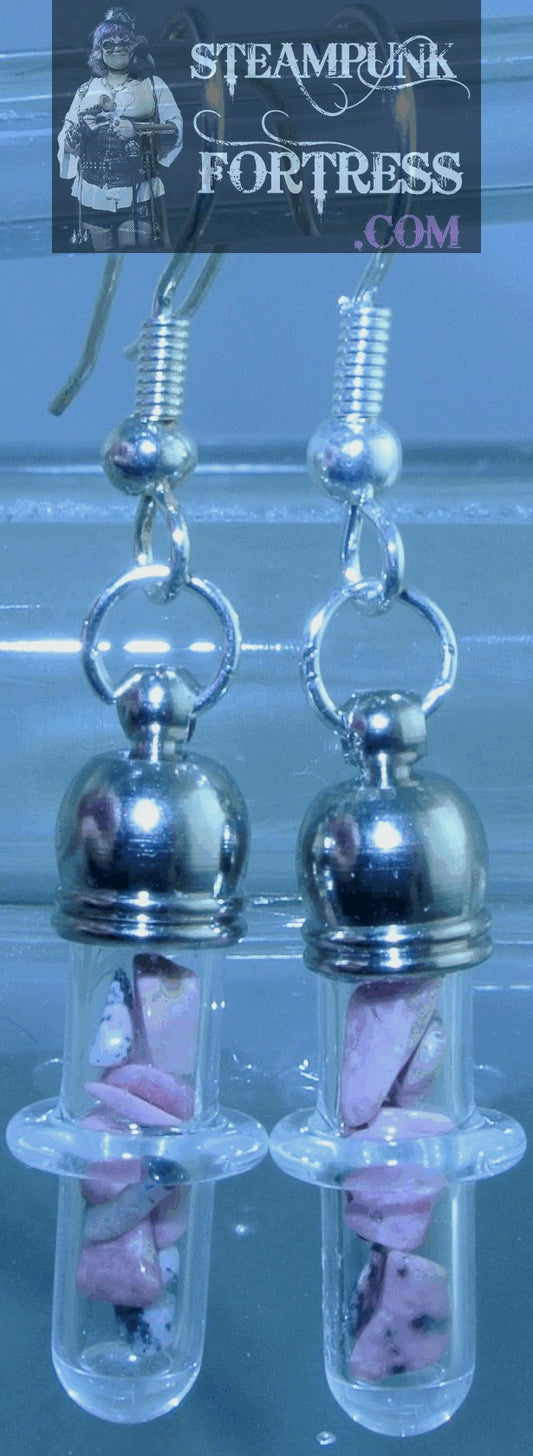 SILVER VIALS TEST TUBES GLASS CIRCLE RHODONITE GEMSTONES STONE CHIPS PIERCED EARRINGS STARR WILDE STEAMPUNK FORTRESS