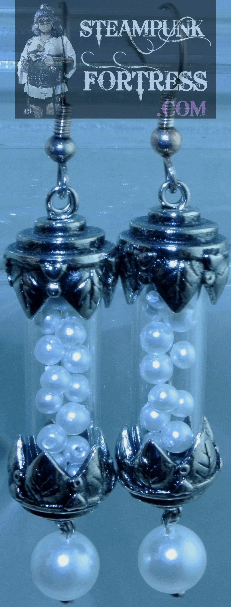 SILVER VIAL SCROLL PEARLS PEARL GLASS DROP PIERCED EARRINGS STARR WILDE STEAMPUNK FORTRESS