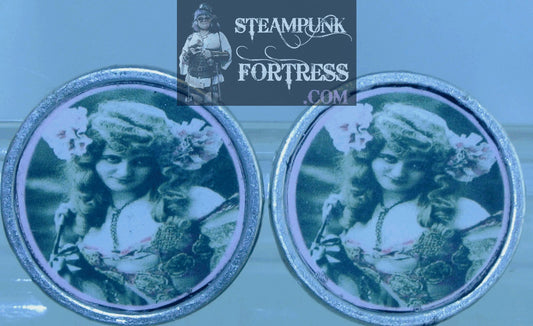 SILVER ROUND .75" VINTAGE LADIES GABY DESLYS BELLE EPOQUE ACTRESS DANCER SINGER PINK FLOWERS PIERCED EARRINGS STARR WILDE STEAMPUNK FORTRESS