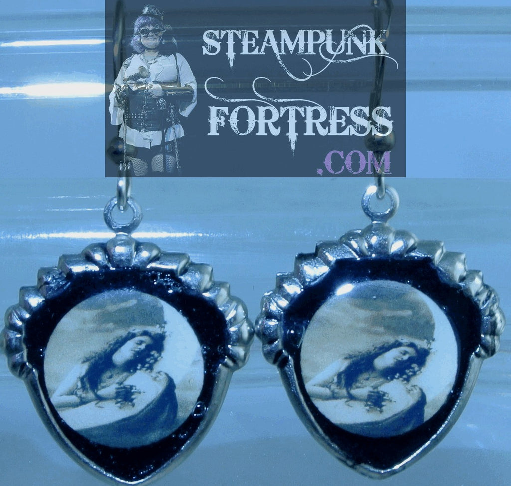 SILVER SHIELD VINTAGE LADIES LADY HUGGING MOON SEPIA PIERCED EARRINGS SET AVAILABLE STARR WILDE STEAMPUNK FORTRESS