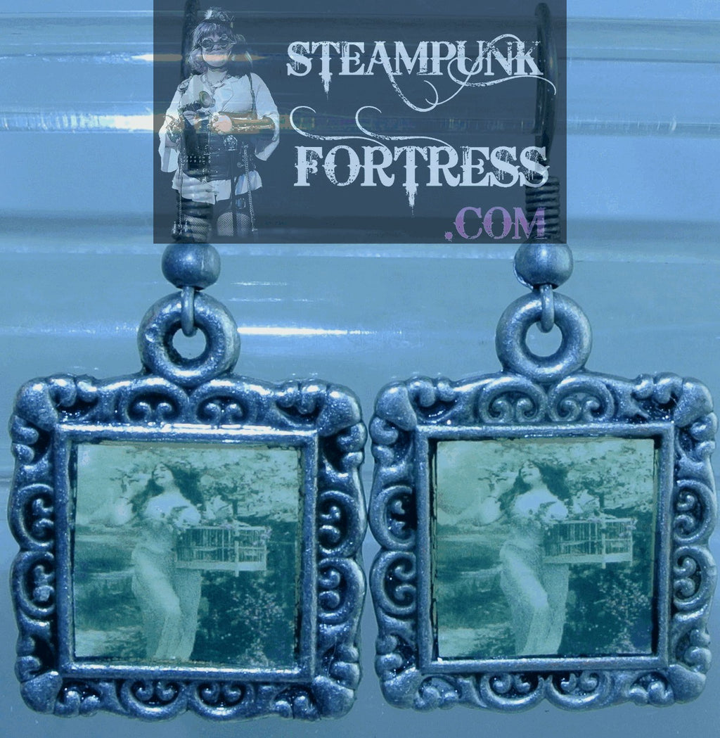 SILVER SQUARE VINTAGE LADIES BIRDCAGE LADY PIERCED EARRINGS SET AVAILABLE STARR WILDE STEAMPUNK FORTRESS