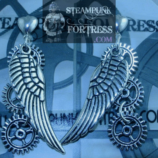 SILVER WINGS LARGE 7 4 ARM GEARS WATCH CLOCK HEART STUDS PIERCED EARRINGS FAIRY ANGEL COSPLAY COSTUME HALLOWEEN STARR WILDE STEAMPUNK FORTRESS