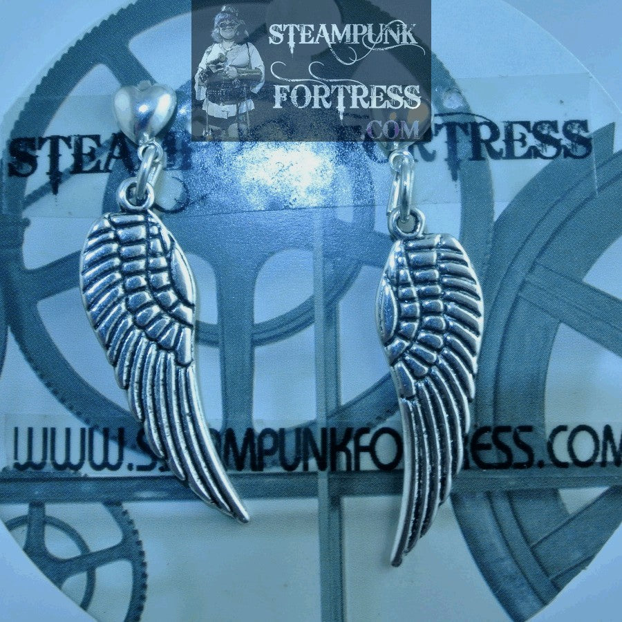 SILVER WINGS MEDIUM HEART STUDS PIERCED EARRINGS FAIRY ANGEL COSPLAY COSTUME HALLOWEEN STARR WILDE STEAMPUNK FORTRESS