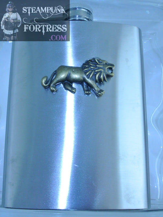 BRAND NEW FLASK SILVER 8OZ BRASS LION STARR WILDE STEAMPUNK FORTRESS COSPLAY COSTUME