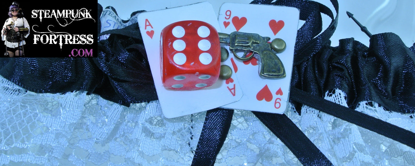 BLACK WHITE LACE 2 HEARTS CARDS ACE 9 BRASS GUN RED DICE GARTER WESTERN GAMBLER COSPLAY COSTUME HALLOWEEN STARR WILDE STEAMPUNK FORTRESS