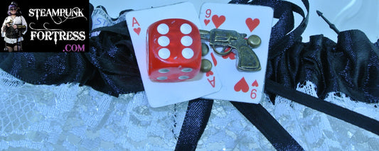 BLACK WHITE LACE 2 HEARTS CARDS ACE 9 BRASS GUN RED DICE GARTER WESTERN GAMBLER COSPLAY COSTUME HALLOWEEN STARR WILDE STEAMPUNK FORTRESS