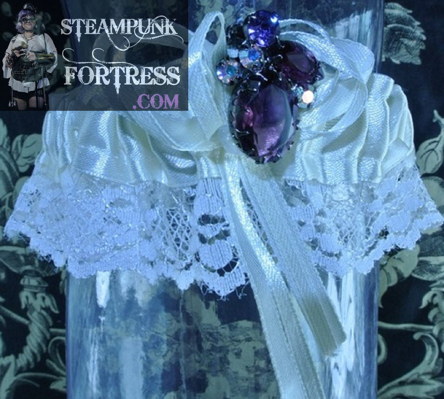 CREAM PURPLE RHINESTONES AB AURORA BOREALIS GUNMETAL SETTING WHITE LACE GARTER WEDDING STARR WILDE STEAMPUNK FORTRESS