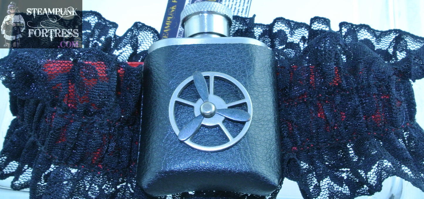 FLASK REAL 1 OZ SHOT WORKING SILVER TH WATCH CLOCK GEAR BLACK KINETIC SPINS SPINNING PROPELLER 3 SILVER GEARS ON FLASK BLACK RED GARTER WEDDING STARR WILDE STEAMPUNK FORTRESS