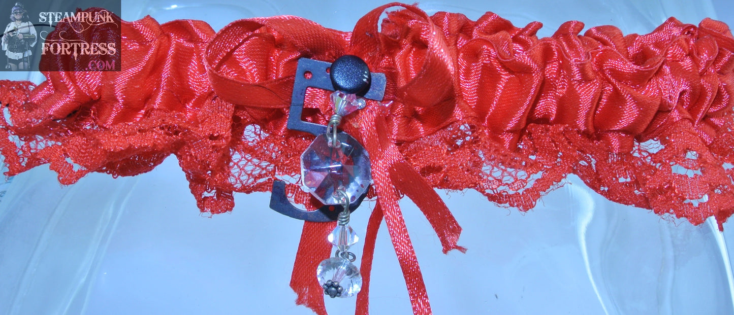 RED BLACK 5 CLEAR CRYSTALS DROP RED LACE GARTER WEDDING STARR WILDE STEAMPUNK FORTRESS