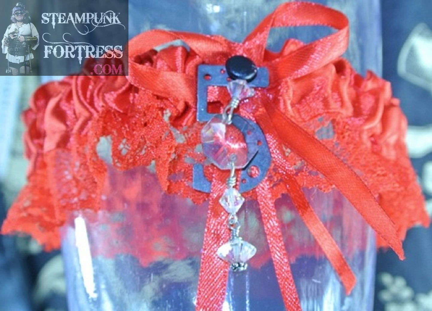 RED BLACK 5 CLEAR CRYSTALS DROP RED LACE GARTER WEDDING STARR WILDE STEAMPUNK FORTRESS