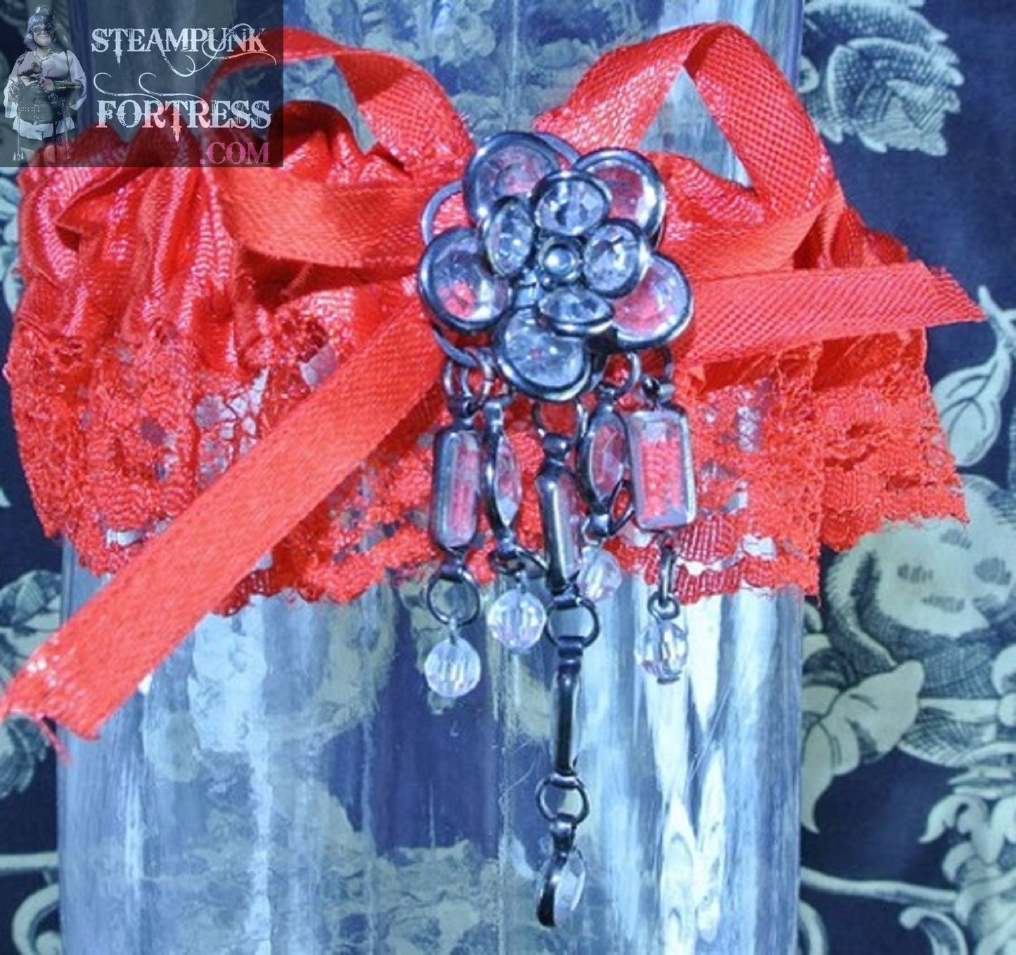 RED GUNMETAL CLEAR CRYSTAL CLUSTER DROP RED LACE GARTER WEDDING STARR WILDE STEAMPUNK FORTRESS