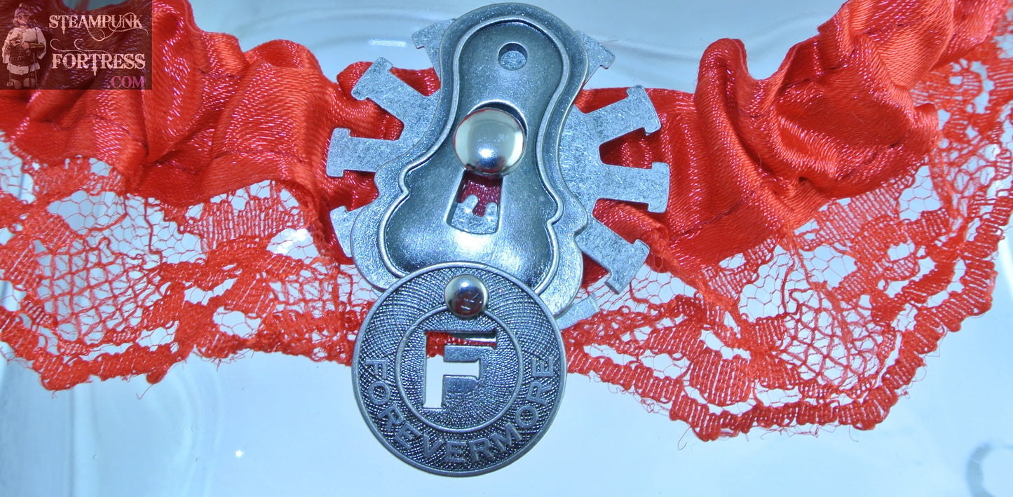 RED SILVER KEYHOLE LOCK PLATE DREAMS KEY RED LACE GARTER WEDDING STARR WILDE STEAMPUNK FORTRESS