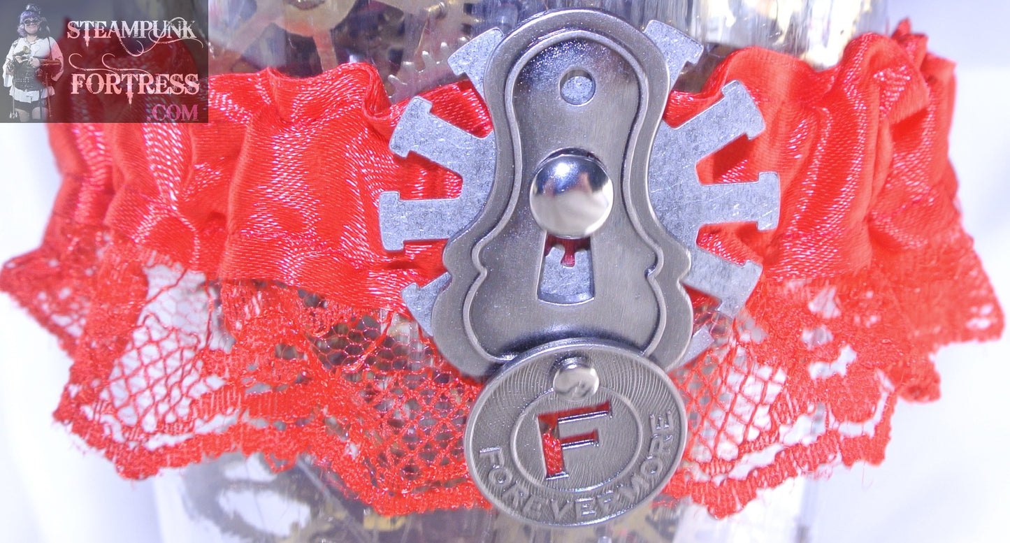 RED SILVER KEYHOLE LOCK PLATE DREAMS KEY RED LACE GARTER WEDDING STARR WILDE STEAMPUNK FORTRESS