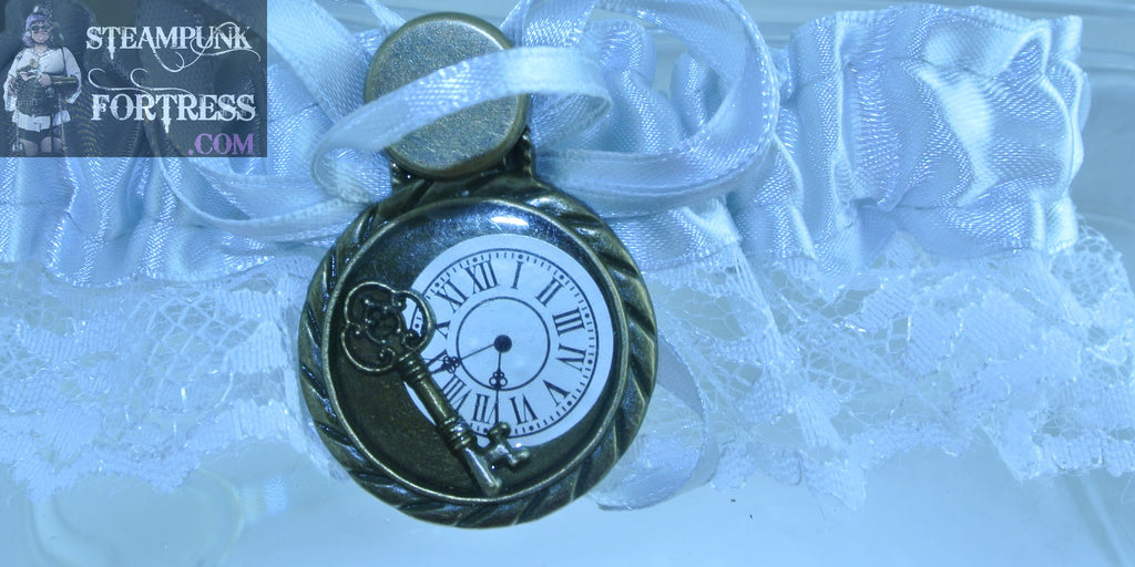 SILVER WHITE BRASS KEY ROUND ROPE FRAME CLOCK WATCH FACE DIAL WHITE LACE GARTER STARR WILDE STEAMPUNK FORTRESS