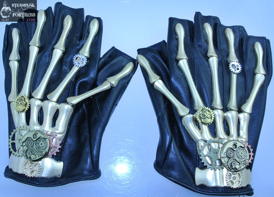 BLACK WRIST LENGTH FAUX LEATHER FINGERLESS GLOVES GOLD SKELETON HANDS GEARS COSPLAY COSTUME HALLOWEEN- MASS PRODUCED