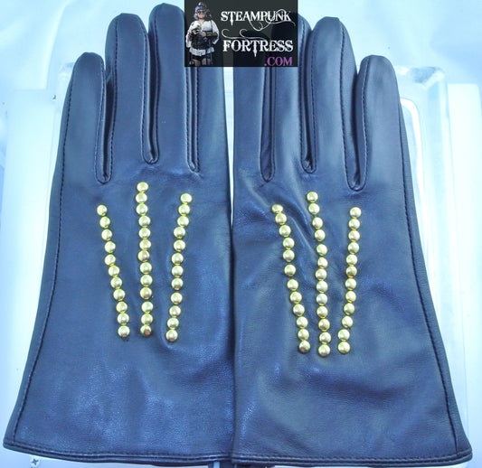 NEW DARK BROWN LEATHER GLOVES 3 ROWS GOLD STUDS SMALL MEDIUM REDFISH STARR WILDE STEAMPUNK FORTRESS