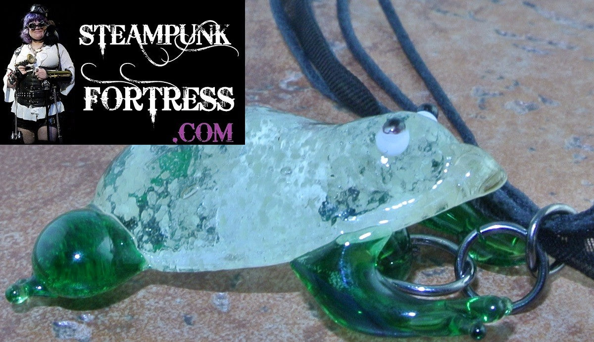 GLOW IN THE DARK GREEN GLASS FROG BLACK RIBBON NECKLACE STARR WILDE STEAMPUNK FORTRESS