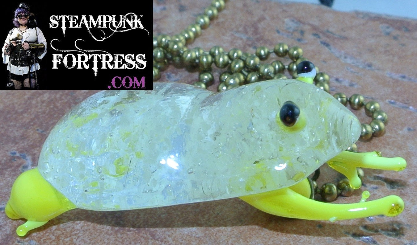 GLOW IN THE DARK YELLOW FROG GLASS BRASS NECKLACE STARR WILDE STEAMPUNK FORTRESS