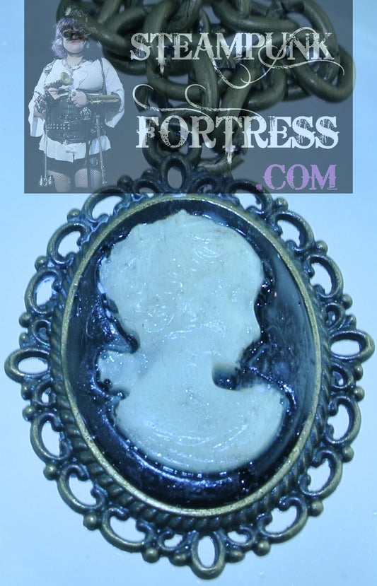 GLOW IN THE DARK BRASS CAMEO VICTORIAN LADY NECKLACE HALLOWEEN STARR WILDE STEAMPUNK FORTRESS