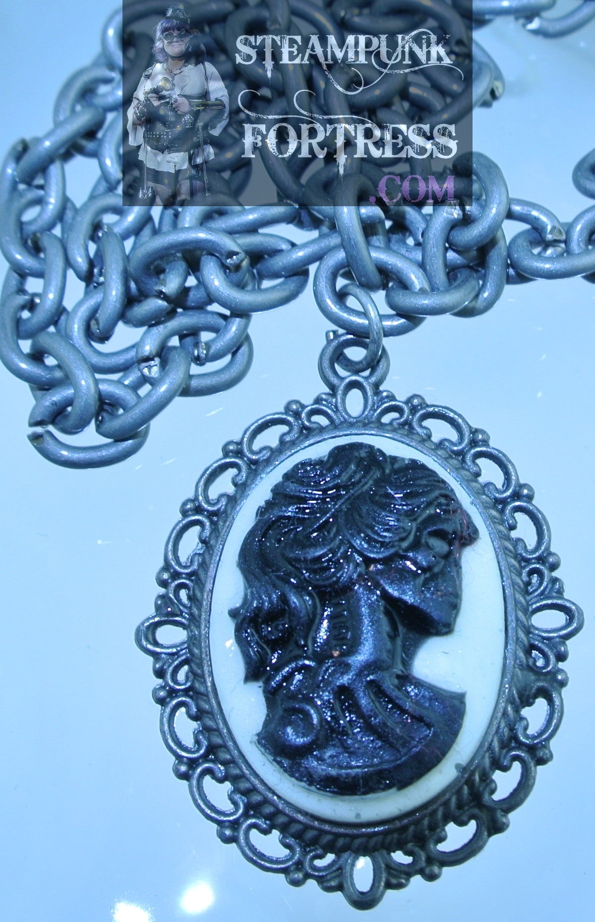 GLOW IN THE DARK SILVER CAMEO LADY SKELETON GLOW IN THE DARK BACKGROUND NECKLACE HALLOWEEN STARR WILDE STEAMPUNK FORTRESS