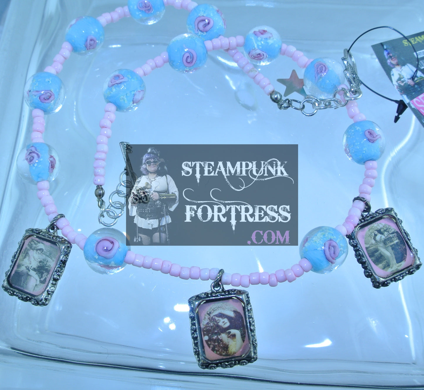 VINTAGE LADIES 3 PINK FRAMES GLOW IN THE DARK BLUE PINK BEADS NECKLACE SET AVAILABLE STARR WILDE STEAMPUNK FORTRESS