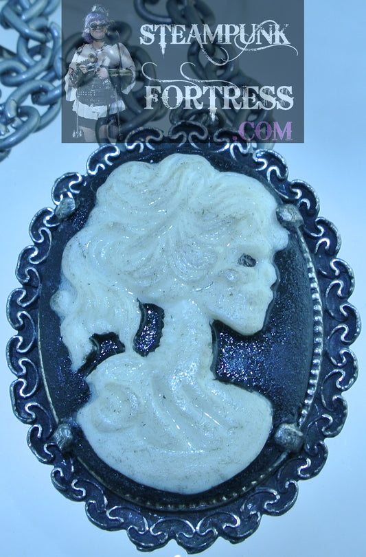 GLOW IN THE DARK PIN BROOCH SILVER CAMEO LADY SKELETON BLACK BACKGROUND NECKLACE HALLOWEEN STARR WILDE STEAMPUNK FORTRESS