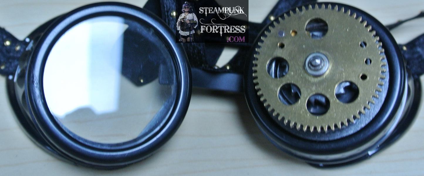BLACK GOGGLES LEFT EYE GENUINE AUTHENTIC WATCH CLOCK TURNING GEARS BLACK GOLD STUDDED STRETCH RIBBON STARR WILDE STEAMPUNK FORTRESS