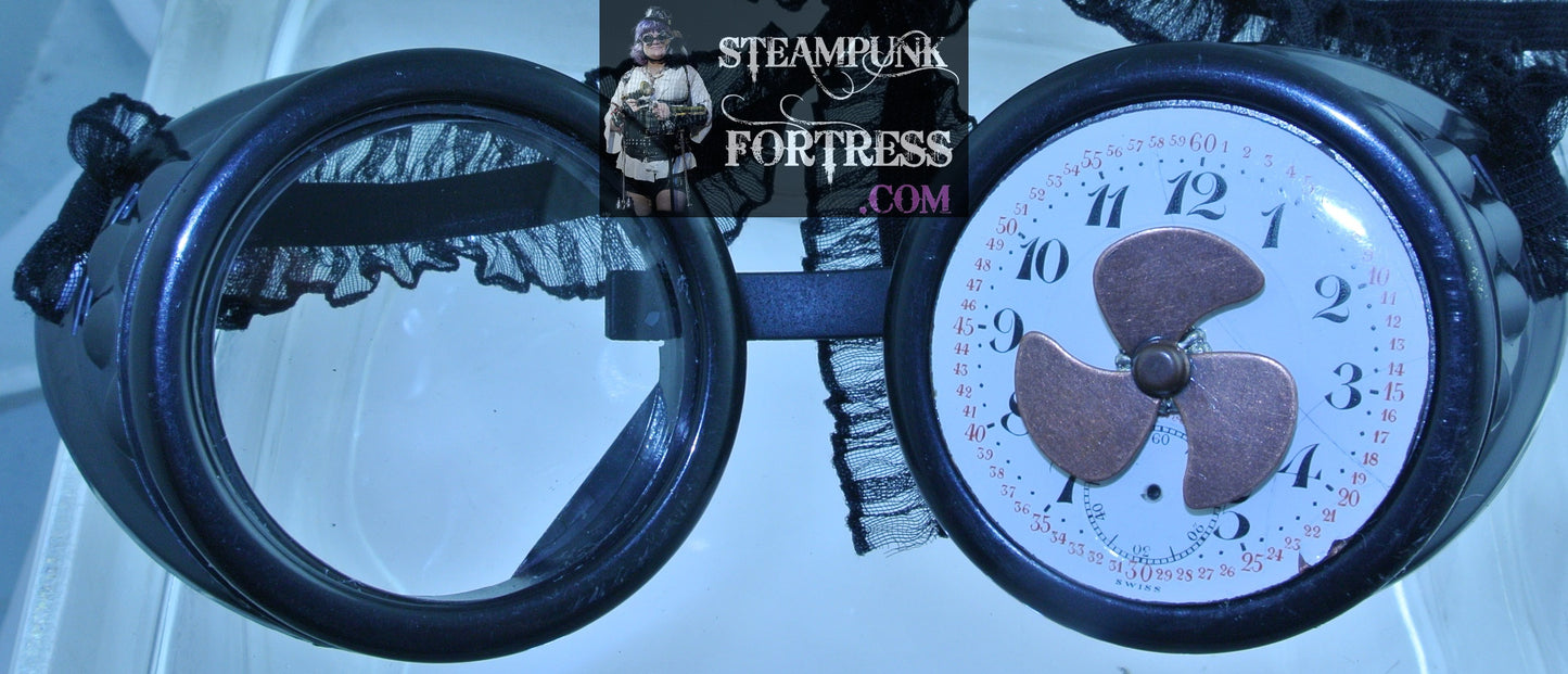 BLACK GOGGLES LEFT EYE PORCELAIN AUTHENTIC GENUINE WATCH CLOCK FACE DIAL COPPER KINETIC SPINS SPINNING PROPELLER BLACK STRETCH RIBBONS STARR WILDE STEAMPUNK FORTRESS