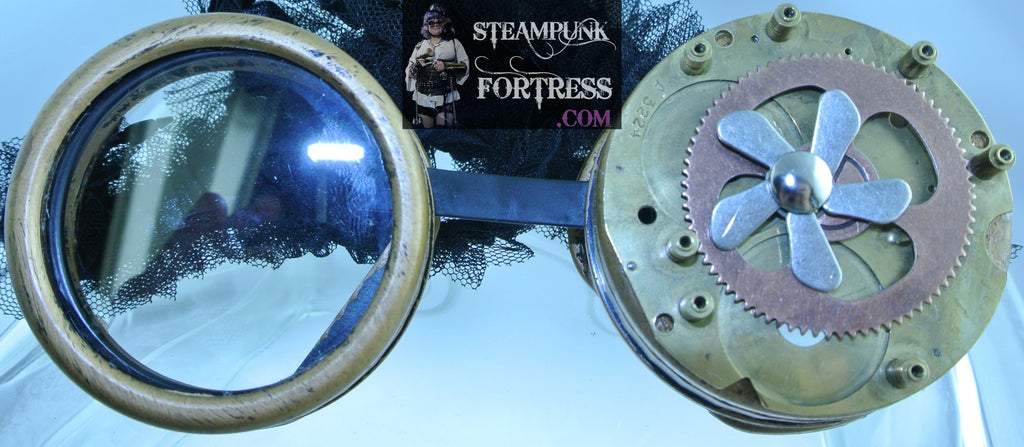 BRASS GOGGLES LEFT EYE BRASS GENUINE AUTHENTIC WATCH CLOCK TABLE GEAR COPPER GEAR SILVER KINETIC SPINS SPINNING PROPELLER BLACK TULLE RIBBONS STARR WILDE STEAMPUNK FORTRESS