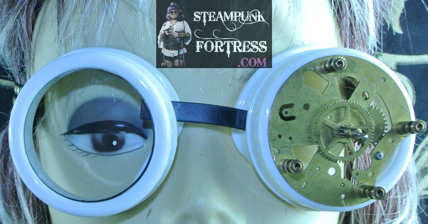 WHITE GOGGLES LEFT EYE BRASS AUTHENTIC GENUINE WATCH CLOCK GEARS TABLE RED STAR SIDES BLACK STUDDED RIBBONS STARR WILDE STEAMPUNK FORTRESS