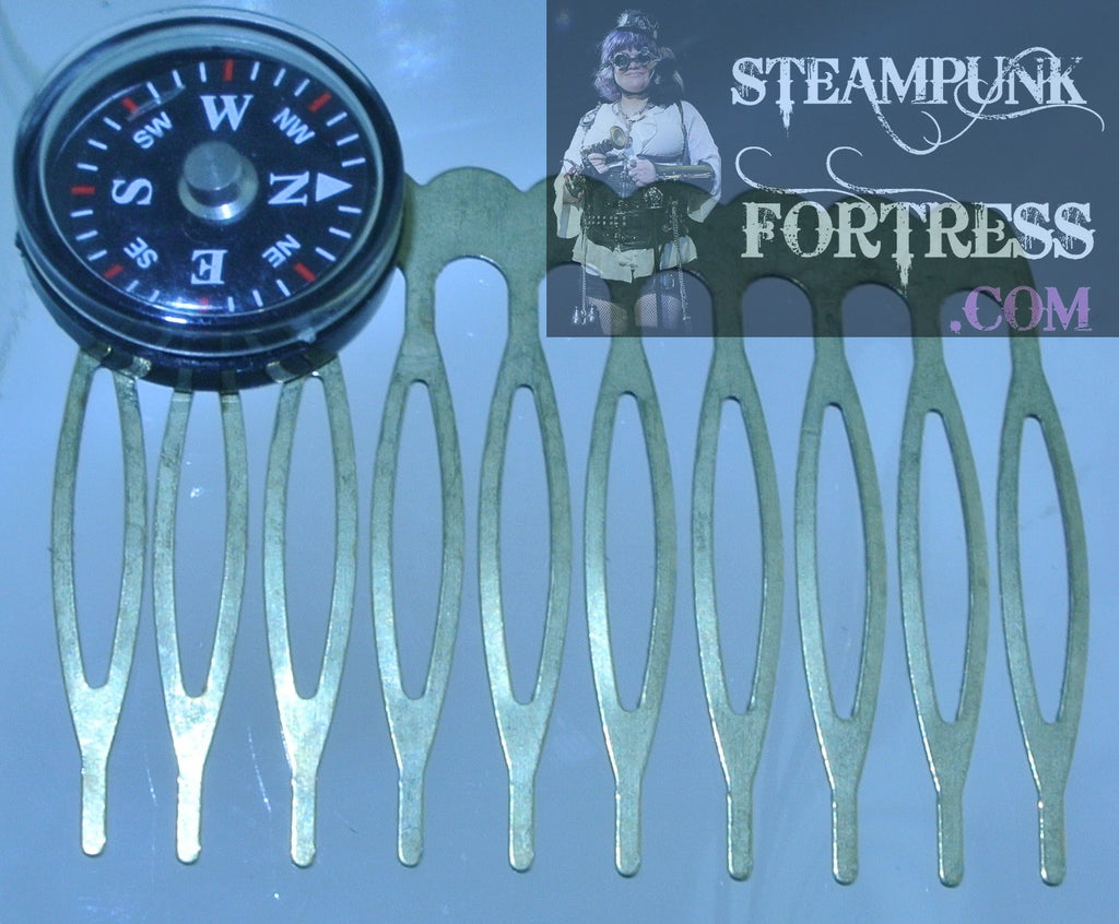 HAIR COMB BRASS COMPASS SPINNING BLACK LARGE STARR WILDE STEAMPUNK FORTRESS